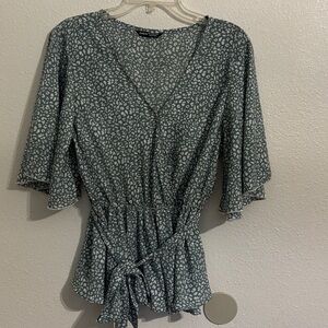 SHEIN Green and White Kimono Style Wrap Blouse, Boho, casual, office, winter